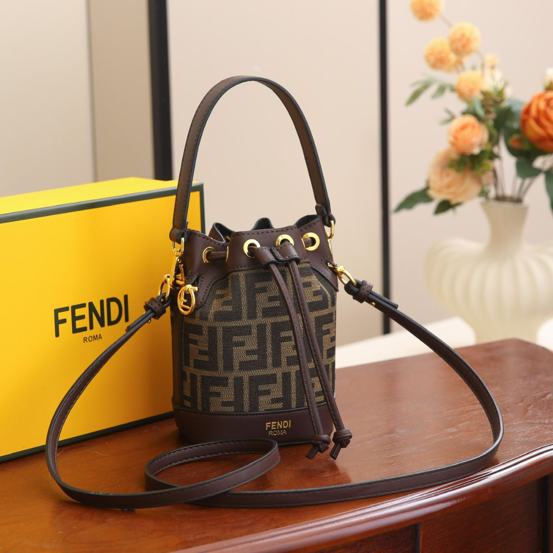 FENDI Women’s Designer Bucket Handbag – Brown Monogram Luxury Purse | Premium Fashion Bag in Dubai, UAE